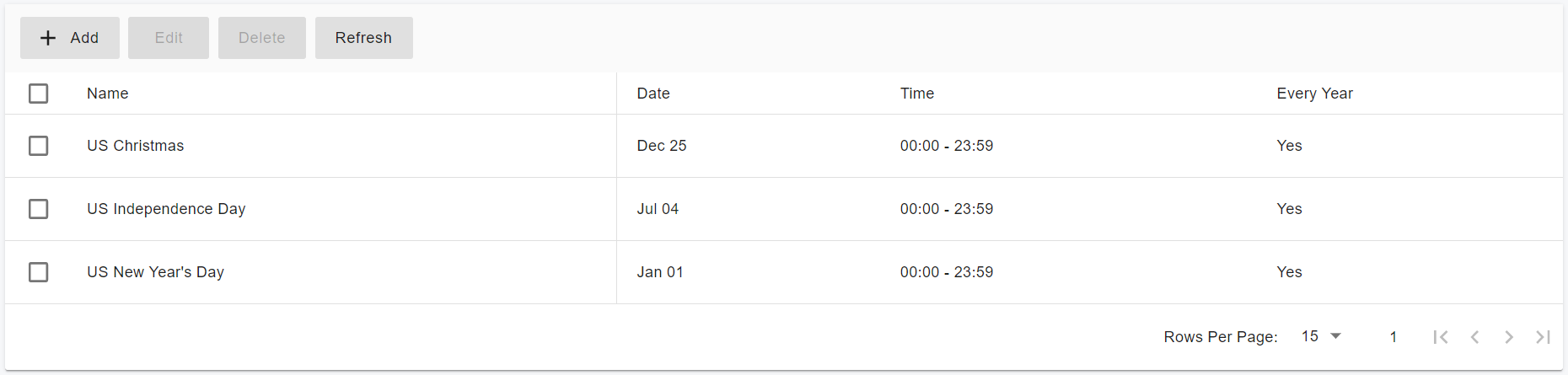 Global Holidays Configuration