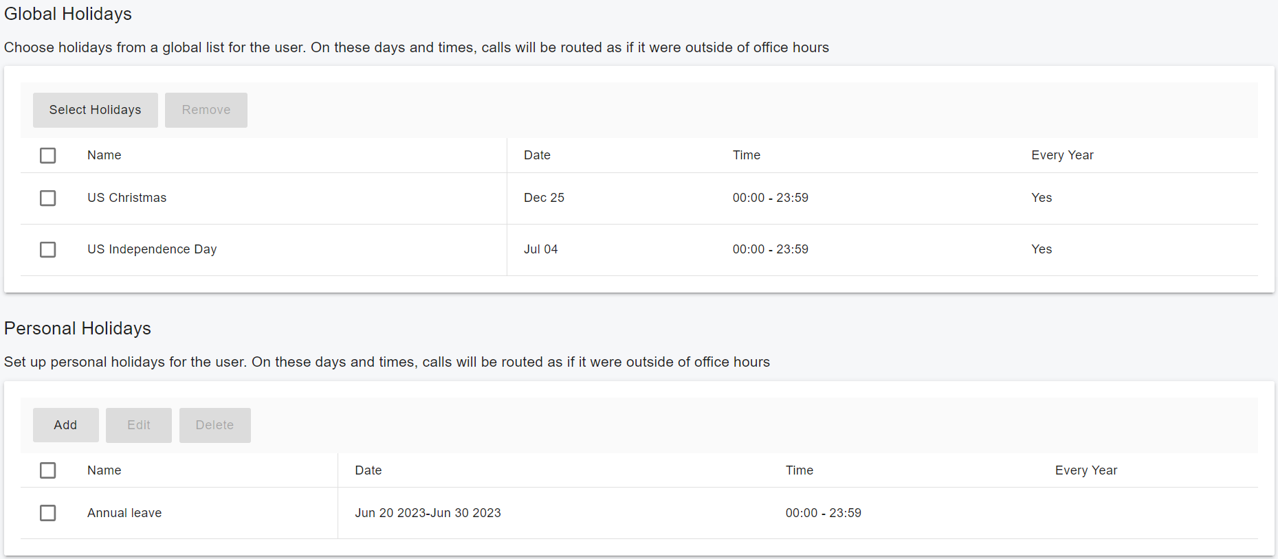 User Holidays Configuration